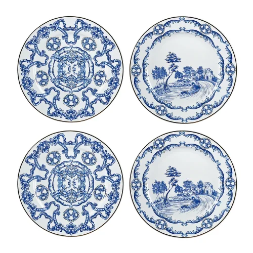 Lucky Art Florance Bone China Naturel Barok Desenli 4'lü Pasta Tabağı Seti 20 cm - Lucky Art